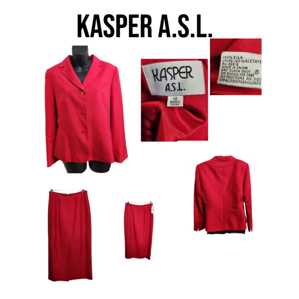 KASPER A.S.L. RED 100% SILK SKIRT SUIT SIZE 10 BRAND NEW WITH TAGS - Picture 4 of 11